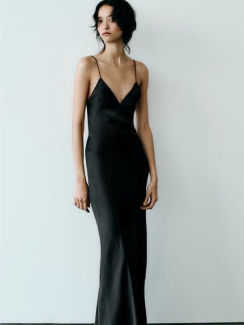 Zara Black Satin Maxi Slip Dress with Spaghetti Straps